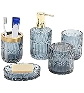 Glass Bathroom Accessories Set, Includes Lotion Dispenser, Soap Dish, Toothbrush Holder, Tumbler,...