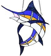 BIEYE W10081 Blue Atlantic Sailfish Tiffany Style Stained Glass Window Panel Hangings, 14.75" Wx14 H