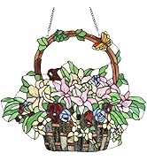 BIEYE W10037 Lily and Rose Flower Gaily Decorated Basket Tiffany Style Stained Glass Window Panel...