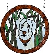 BIEYE W10071 Kuvasz Dog Tiffany Style Stained Glass Window Panel, Round Shape, 12 inches Wide, White